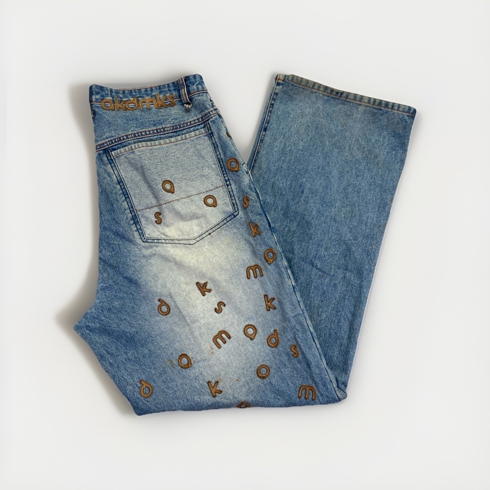 Akademiks Jeans Mens 32 x 33 Blue Baggy Wide Leg Y2K Vintage Skater Embroidered